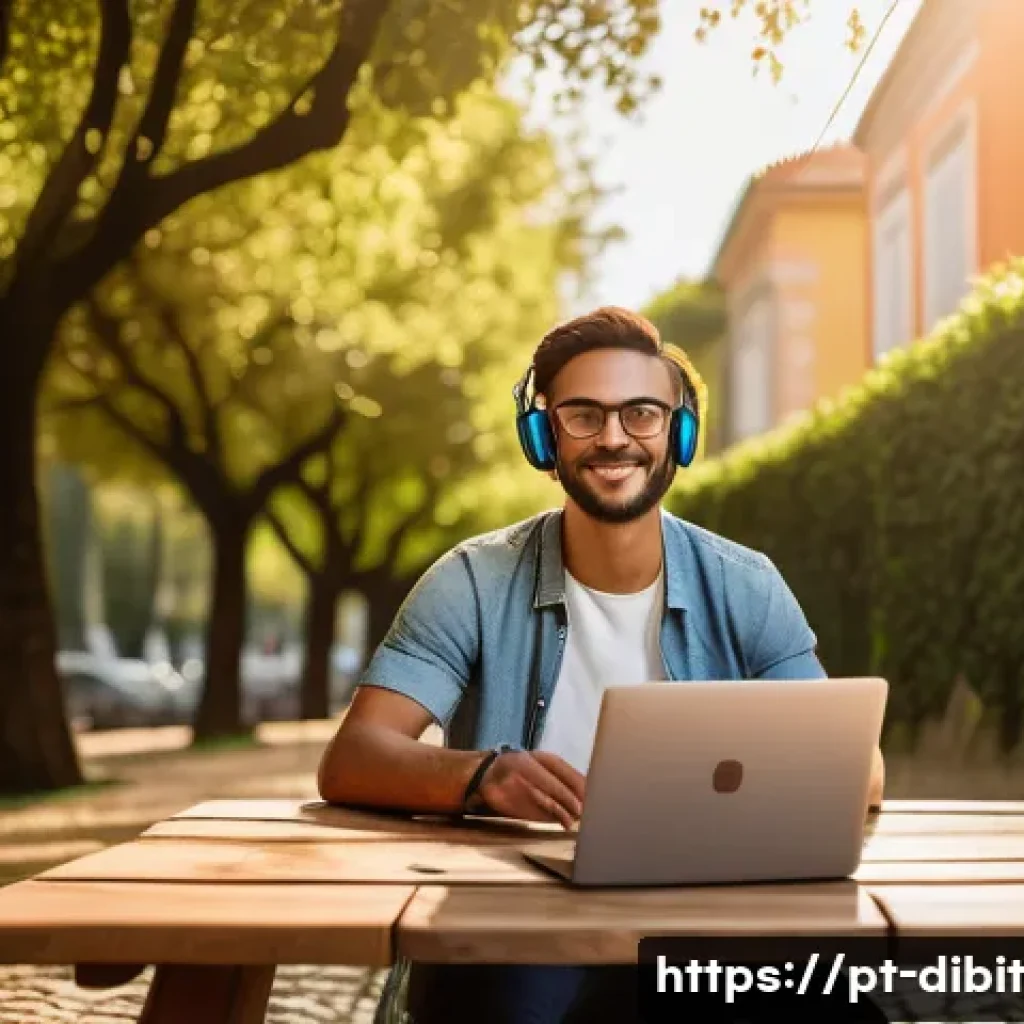 디지털 노마드를 위한 정기적인 휴식의 중요성 - A serene digital nomad workspace set outdoors in a lush, green park in Lisbon, Portugal, during gold...