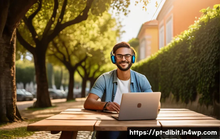 디지털 노마드를 위한 정기적인 휴식의 중요성 - A serene digital nomad workspace set outdoors in a lush, green park in Lisbon, Portugal, during gold...