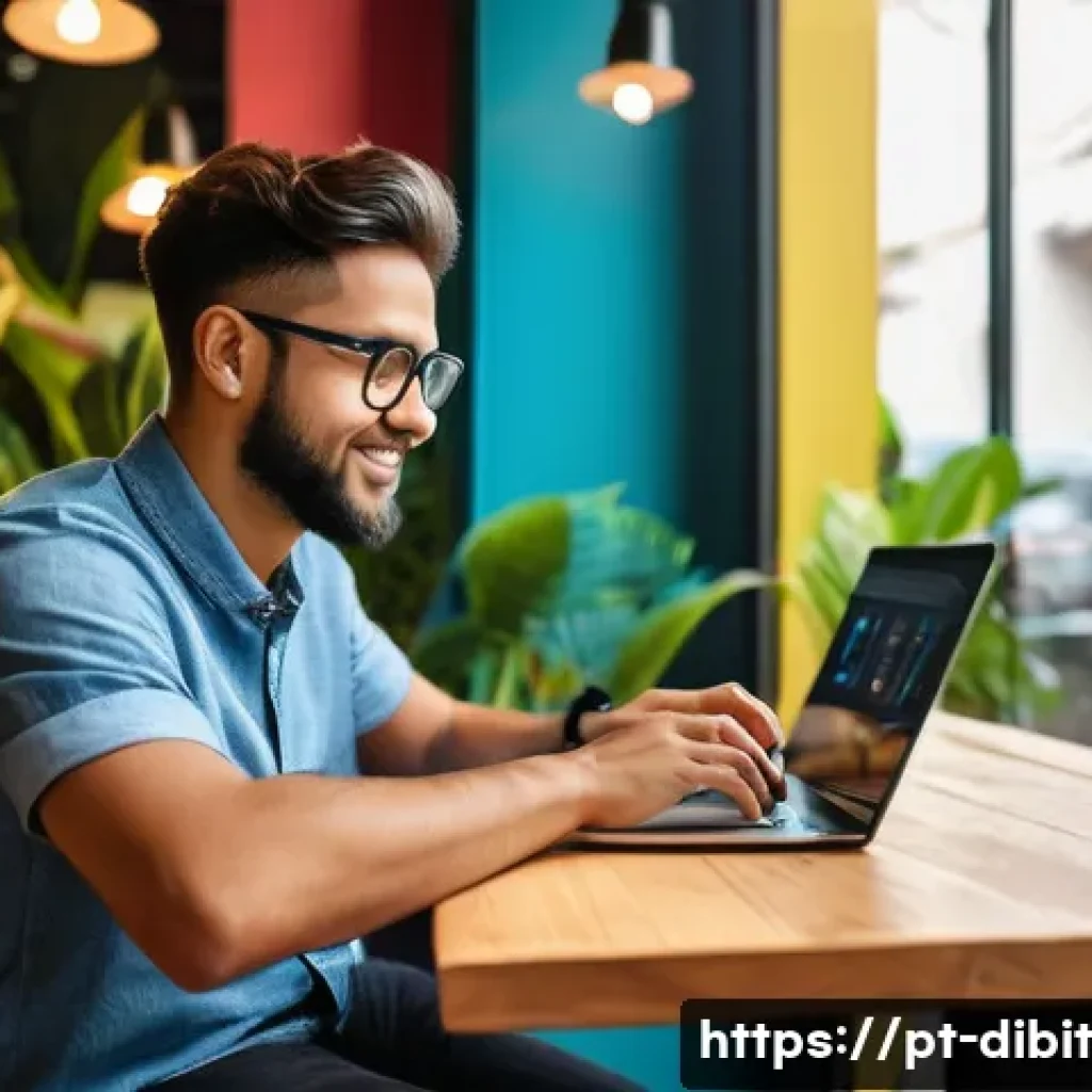 디지털 노마드를 위한 온라인 교육 자원 - A modern digital nomad workspace scene set in a cozy coffee shop in São Paulo, Brazil, showing a you...