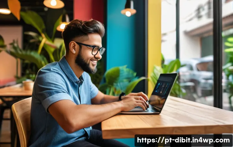 디지털 노마드를 위한 온라인 교육 자원 - A modern digital nomad workspace scene set in a cozy coffee shop in São Paulo, Brazil, showing a you...