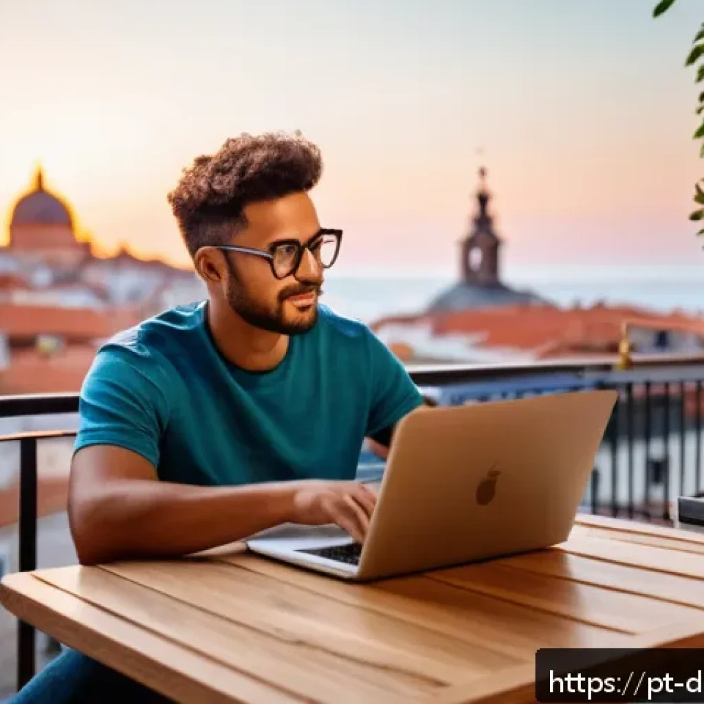 디지털 노마드의 건강한 라이프스타일 유지하기 - A digital nomad working on a laptop at a cozy European-style café terrace during sunset, wearing cas...