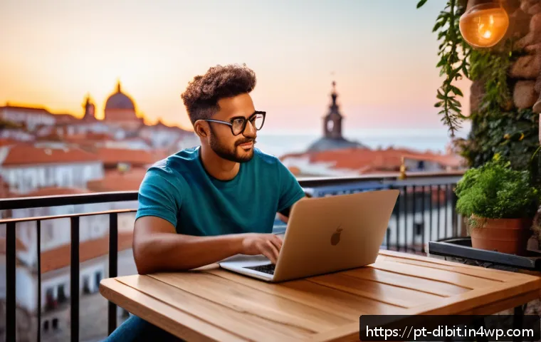 디지털 노마드의 건강한 라이프스타일 유지하기 - A digital nomad working on a laptop at a cozy European-style café terrace during sunset, wearing cas...
