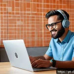Home 22 디지털 노마드의 커리어 전환 과정 - A professional digital nomad working remotely at a modern coworking space in Lisbon, Portugal, with ...