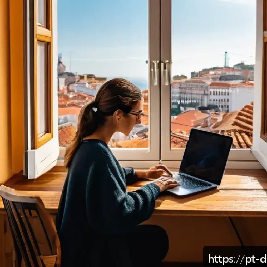 디지털 노마드를 위한 해외 세금 가이드 - A professional digital nomad working on a sleek laptop in a cozy Lisbon apartment, large windows sho...