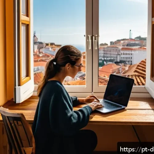 Home 33 디지털 노마드를 위한 해외 세금 가이드 - A professional digital nomad working on a sleek laptop in a cozy Lisbon apartment, large windows sho...