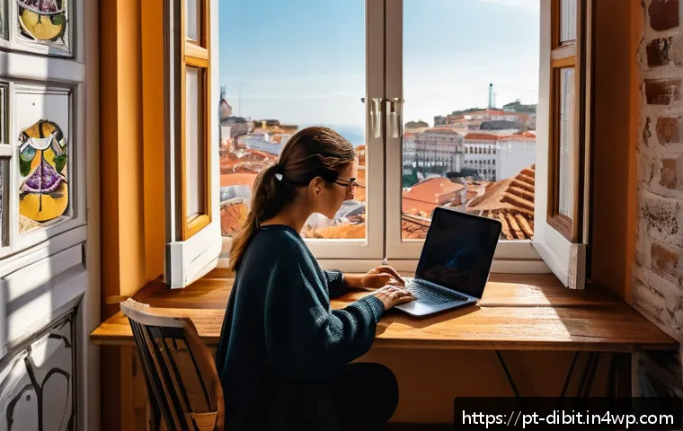 디지털 노마드를 위한 해외 세금 가이드 - A professional digital nomad working on a sleek laptop in a cozy Lisbon apartment, large windows sho...