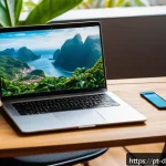 Home 20 디지털 노마드를 위한 필수 아이템 체크리스트 - A modern digital nomad workspace scene in a cozy Brazilian café: a lightweight laptop with a sleek d...