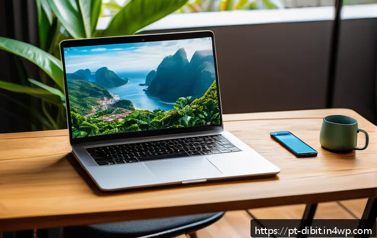 디지털 노마드를 위한 필수 아이템 체크리스트 - A modern digital nomad workspace scene in a cozy Brazilian café: a lightweight laptop with a sleek d...