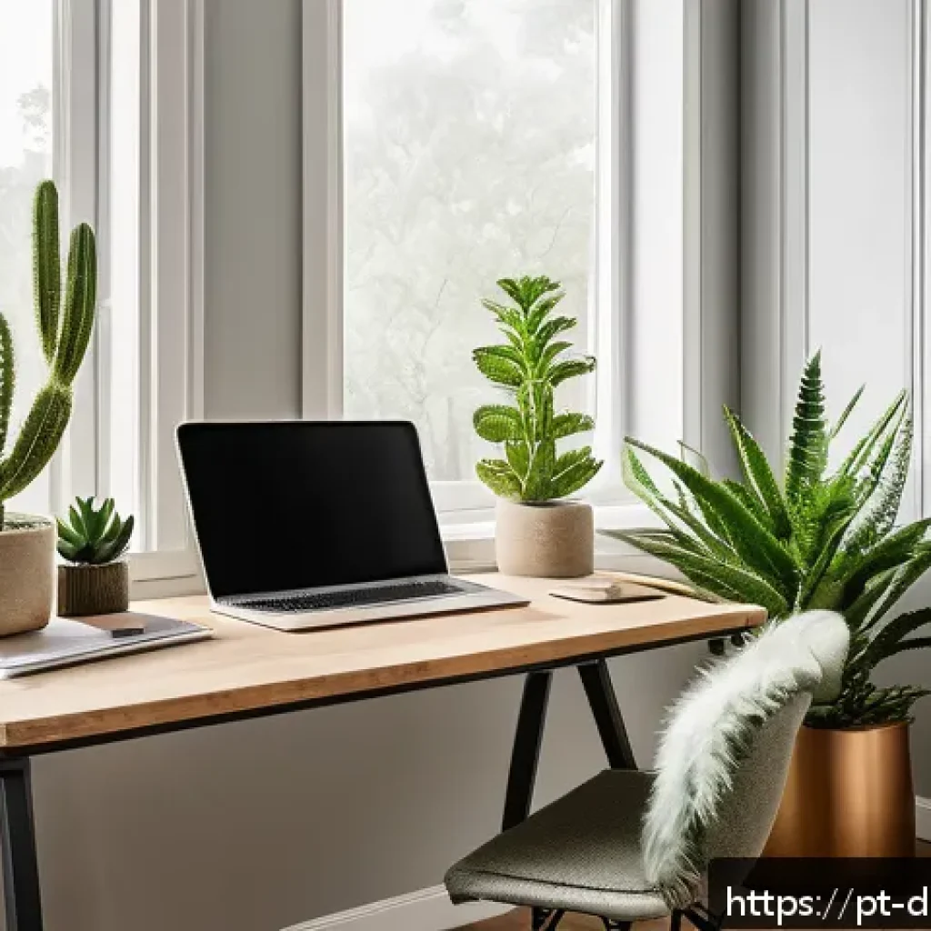 디지털 노마드의 근무 환경 최적화 전략 - A modern home office interior bathed in natural light from large windows, complemented by adjustable...