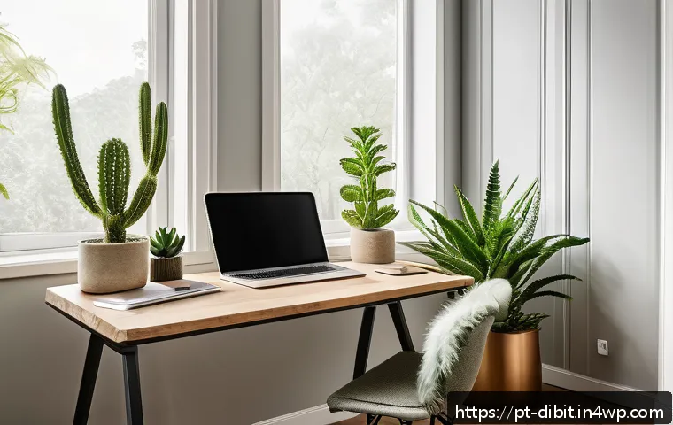 디지털 노마드의 근무 환경 최적화 전략 - A modern home office interior bathed in natural light from large windows, complemented by adjustable...