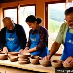 Home 23 디지털 노마드를 위한 취미 찾기 - A cozy artisan workshop in Portugal, featuring a diverse group of adults learning traditional potter...