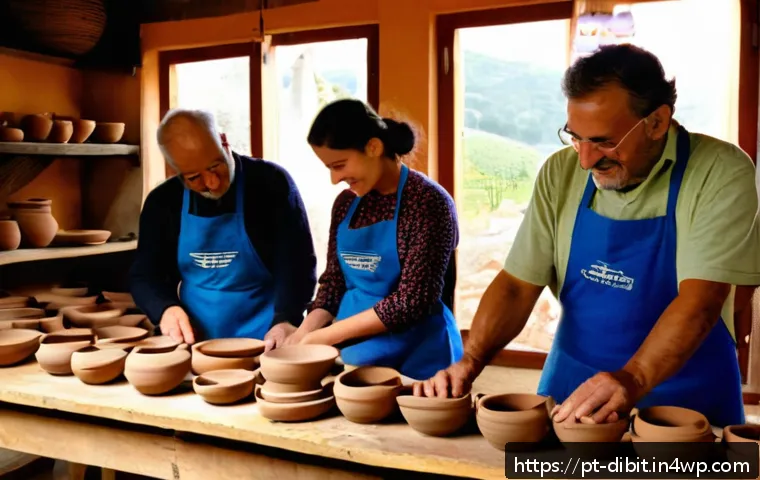 디지털 노마드를 위한 취미 찾기 - A cozy artisan workshop in Portugal, featuring a diverse group of adults learning traditional potter...